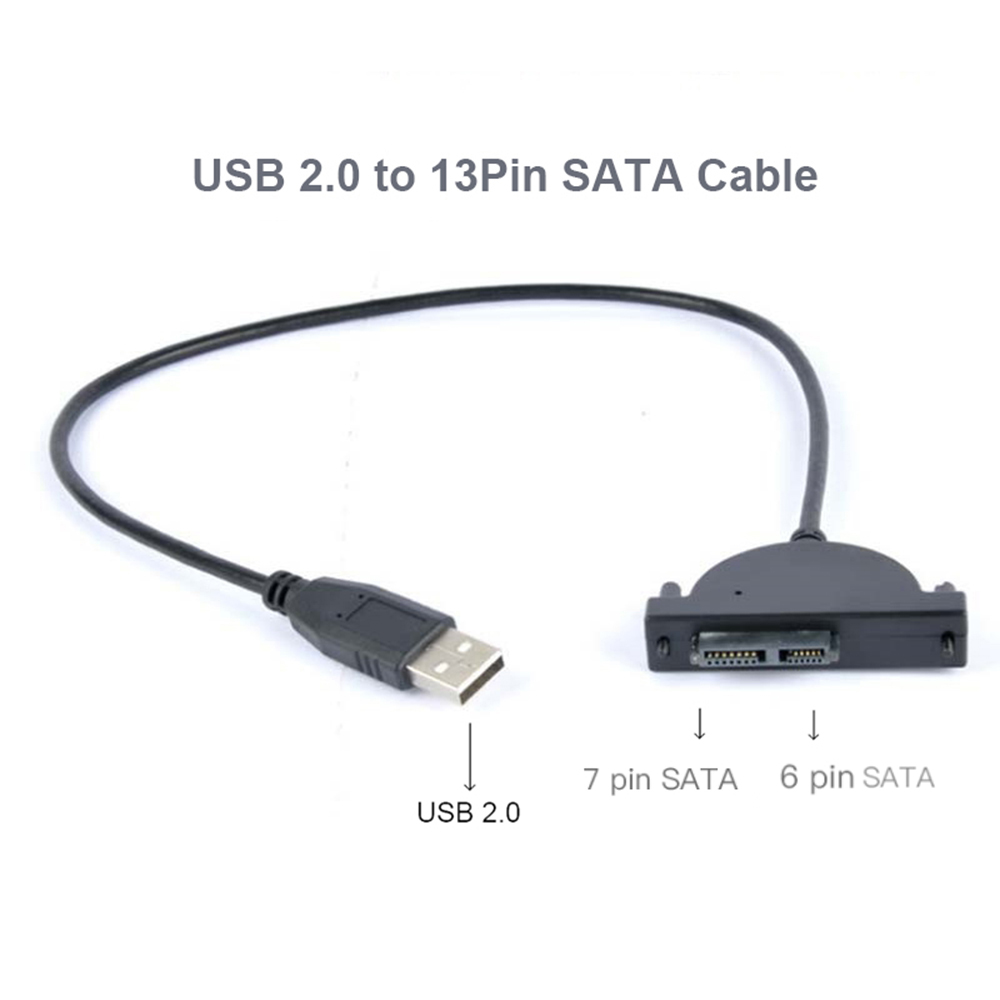 Adaptateur de câble noir USB 2.0 à 7 + 6 13Pin Mini SATA II pour ordinateur portable CD-ROM DVD-ROM pour HDD Caddy Slimline Drive indicateur LED