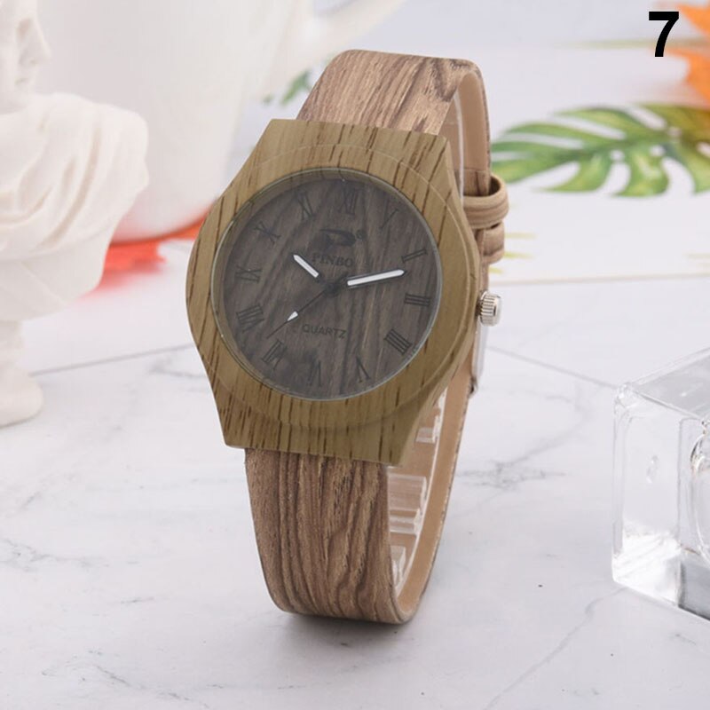 Mannen Vrouwen Quartz Horloge Pu Leer Hout Patroon Horloge Student Sport Casual Horloges NOV99: Color 7