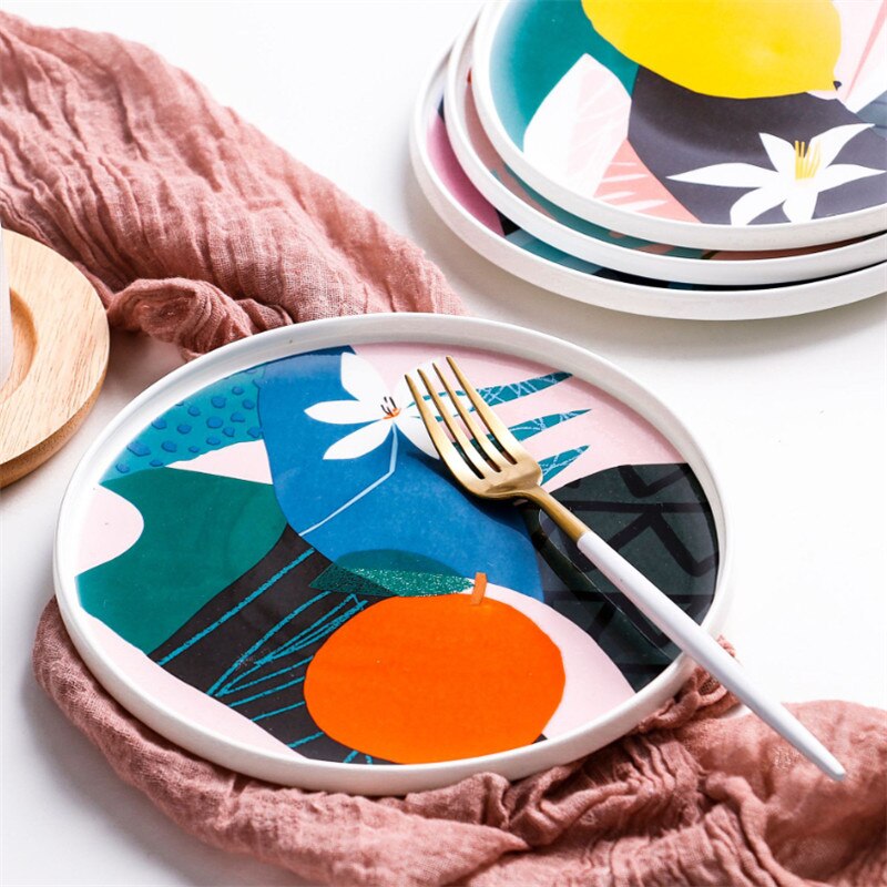 9 pouces nordique céramique créative assiette à dîner Art abstrait peinture gâteau plateau pâtes plats Steak Dessert assiettes cuisine vaisselle