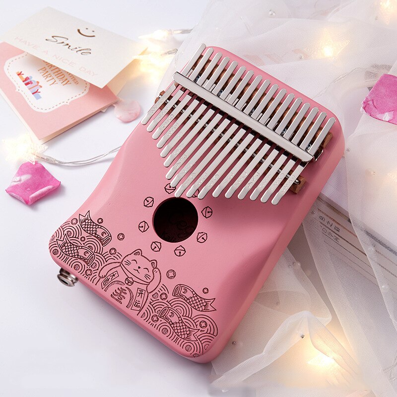 17 Key EQ Kalimba Solid Wood Mahogany Thumb Piano Pink Mbira Play Finger Piano Beginner Electric Pickup Musical Instrument KLB42: lucky cat