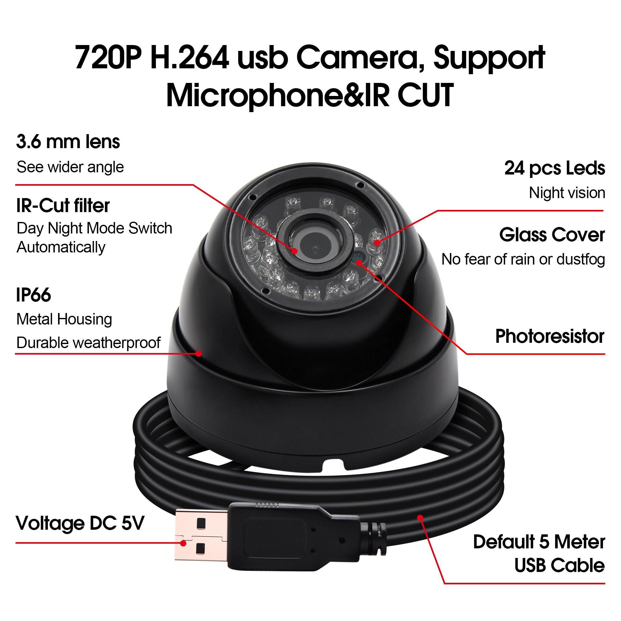Elp 1 megapixel 720p dages nattesyn infrarød ir usb kamera, cctv sikkerhed vandtæt usb dome webcam til android, windows, mac