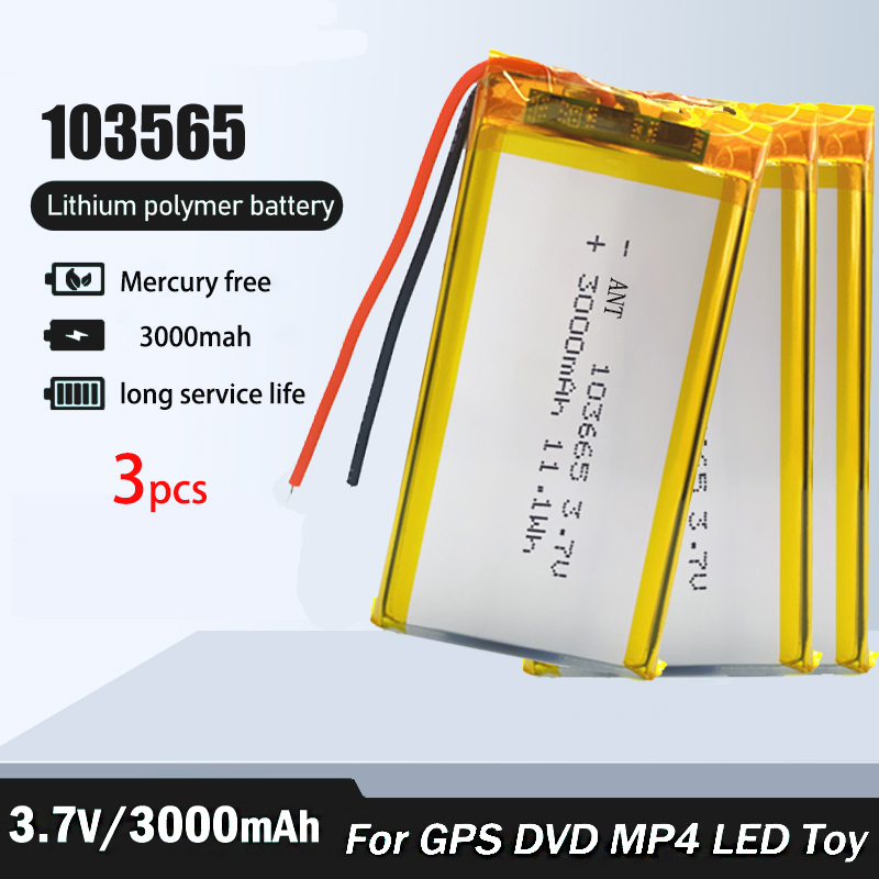 3000mAh Recargable 3.7V 103665 Batería de polímero de litio Gps para grabadora de conducción con luz LED, cámara PSP, Altavoz Bluetooth: Blanco