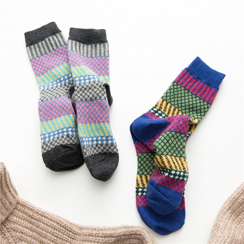 Dames Wollen Katoenen Sokken - 5 Paar - Dikke Winter Casual Ruitjes - 25cm Lengte