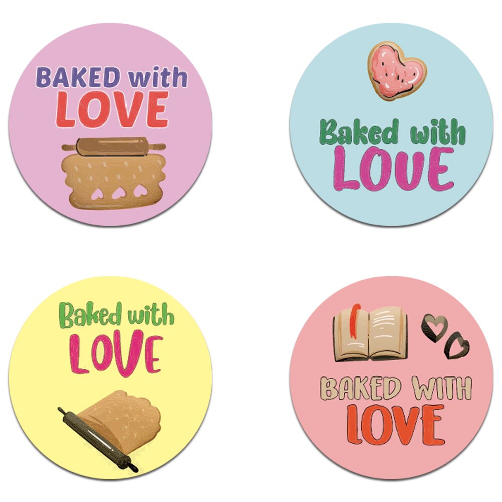 Pegatinas de comida redondas al horno con amor para niños, pegatinas bonitas para álbum de recortes, 1 pulgada, 4 diseños, 500 Uds. Por rollo