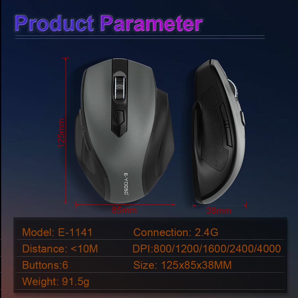 E-YOOSO E-1141 USB 2.4G bezprzewodowa mysz biurowa do gier 4000 DPI optyczne myszy do gier ergonomiczne do laptopa komputer stancjonarny