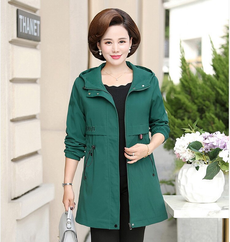 Printemps automne mère veste moyen-âge femmes décontracté à capuche manteau mi-long grande taille femme coupe-vent 5XL W2099: Green / XXL
