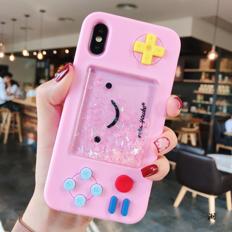 Leuke Smiley Game Machine Dynamische Liquid Quicksand Siliconen Voor iphone case Voor iphone Xs Xr 7 8 Plus game machine telefoon Cover: For Iphone 6 6s / Pink