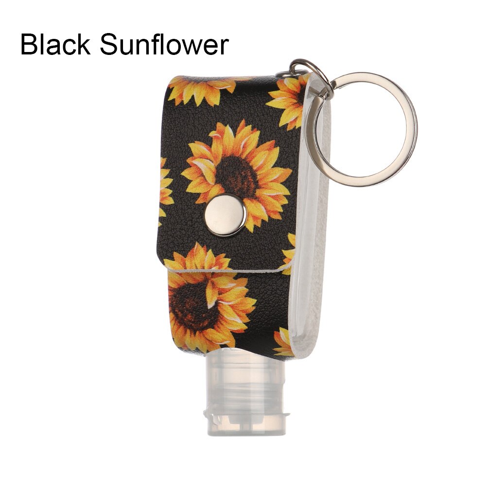 30ml Hand Sanitizer Bottle Portable Keychain Holder Travel Reusable Bottle Hand washing gel Sub-bottling with Keychain Carrier: Black Sunflower