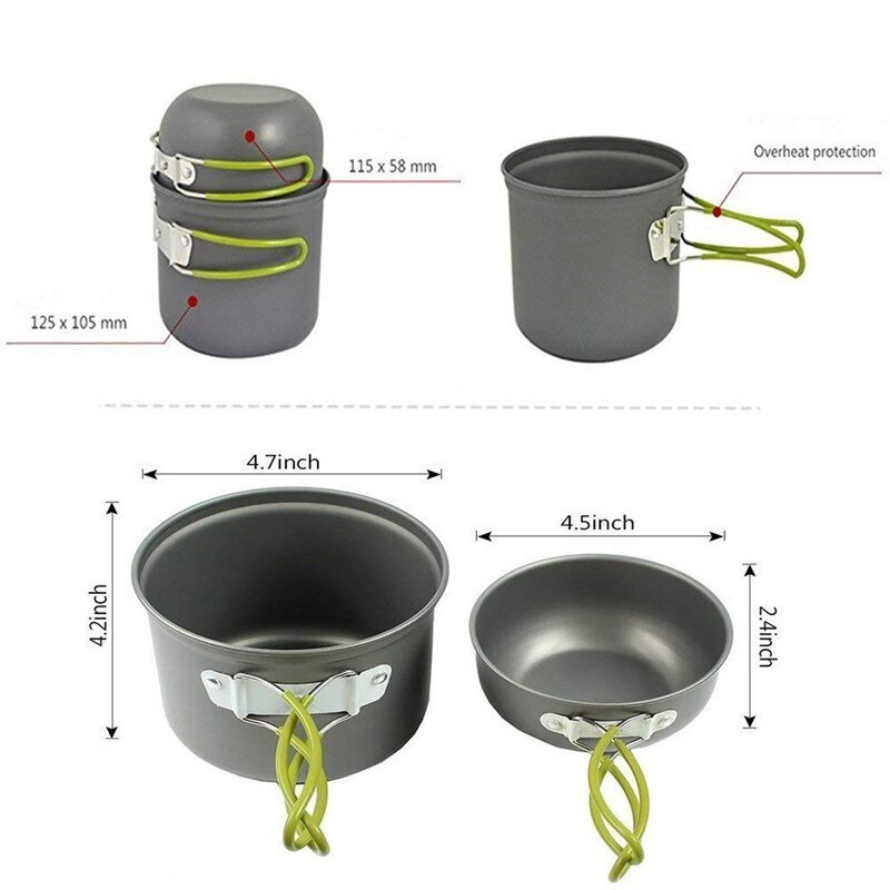 Camping Tableware Pot 1-2 Person Hiking Picnic Backpacking Pot Portable Tableware Cooking Travel Pot with Green Handle