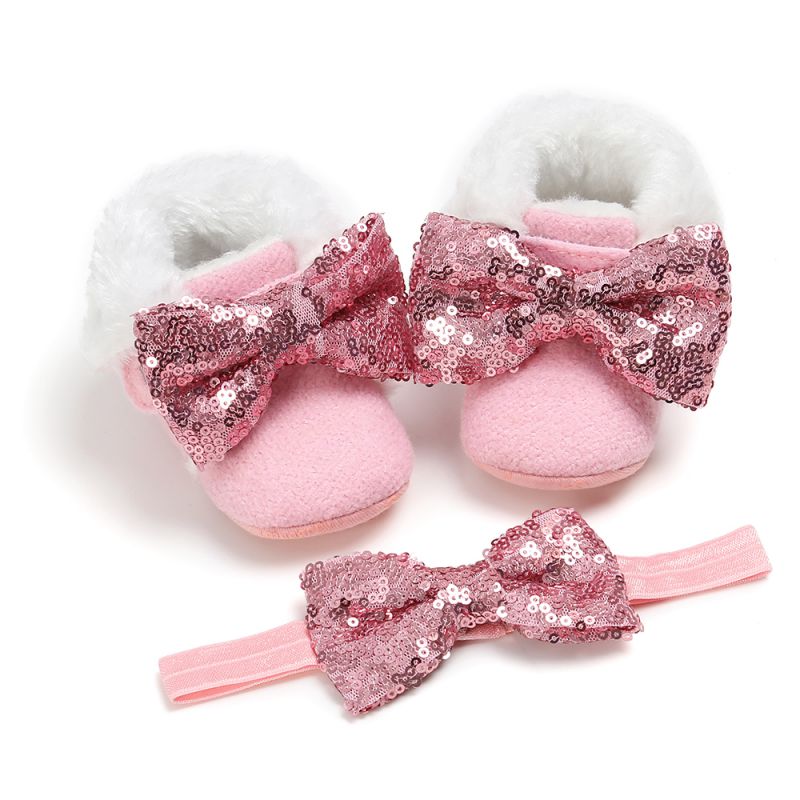 Botas para bebé recién nacido, botas para niño niña, zapatos de cuna, zapatos cálidos de invierno para la nieve, Princesa, con diadema, 2 uds.: QP / 0-6 meses