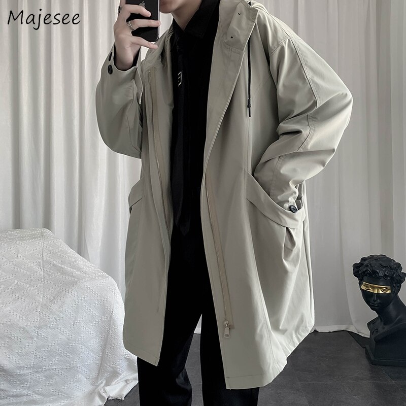 Mężczyźni wykop jednolity, na zamek płaszcze styl japoński luźne średnie długie Hipster nastolatków odzież z kapturem Ulzzang Streetwear studenci Harajuku
