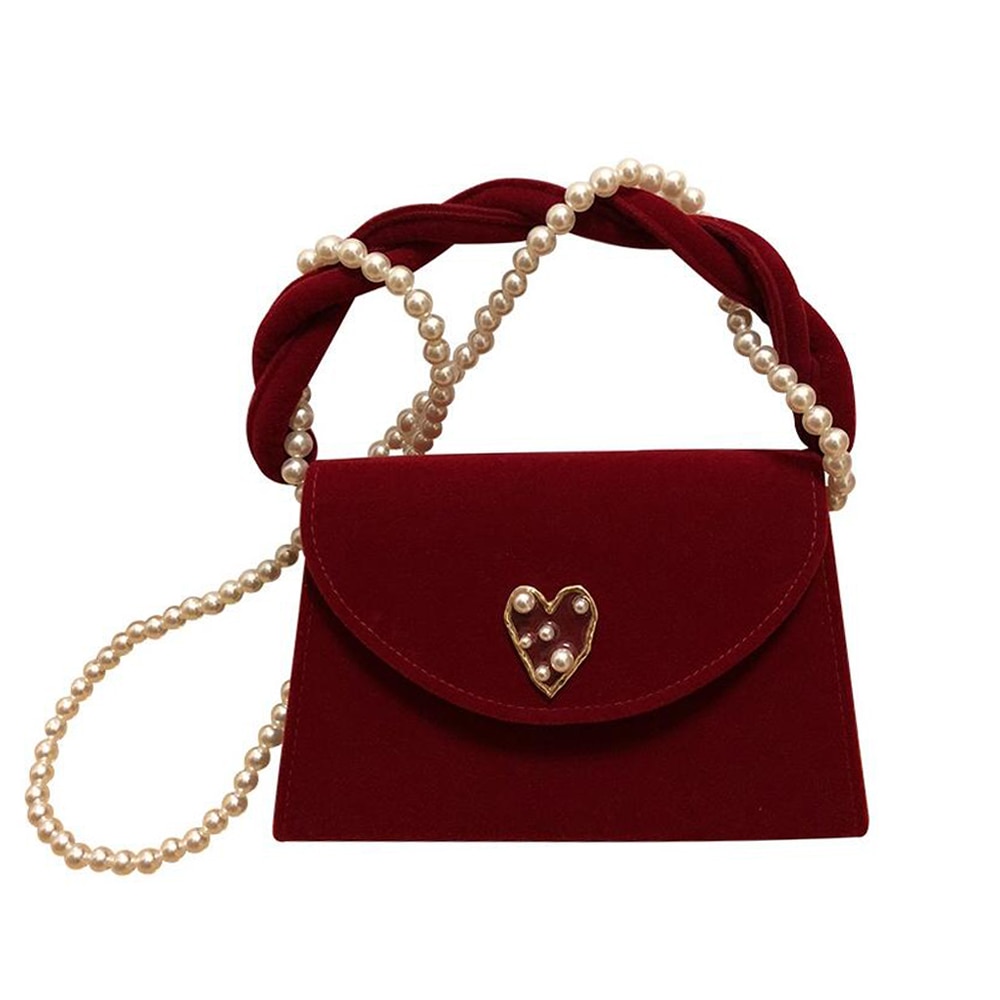 Women's Velvet Handbag - Small Size - Pearl Shoulder Strap - Vintage Style - Top Handle Bag