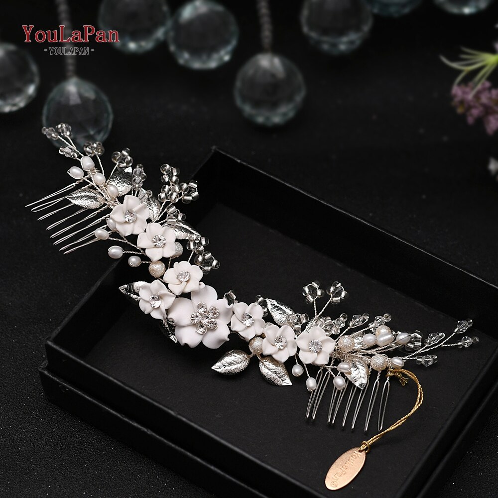 Topqueen-acessórios de cabelo hp301, estilo indiano, para noivado, fabricado em liga de flores, coroa e tiaras, prata, para casamento: HP337-Silver