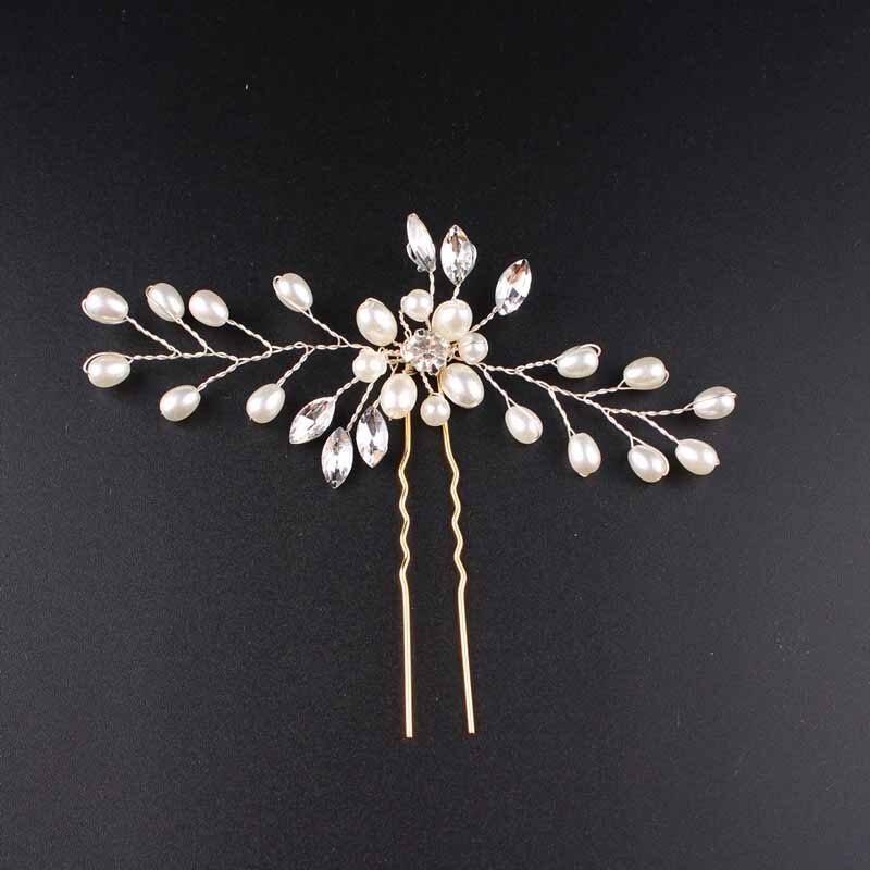 Molanas de perlas de cristal para novia, horquillas para el cabello, accesorios para el cabello, temperamento, taladro de agua, tocado hecho a mano de aleación para boda: Gold-2