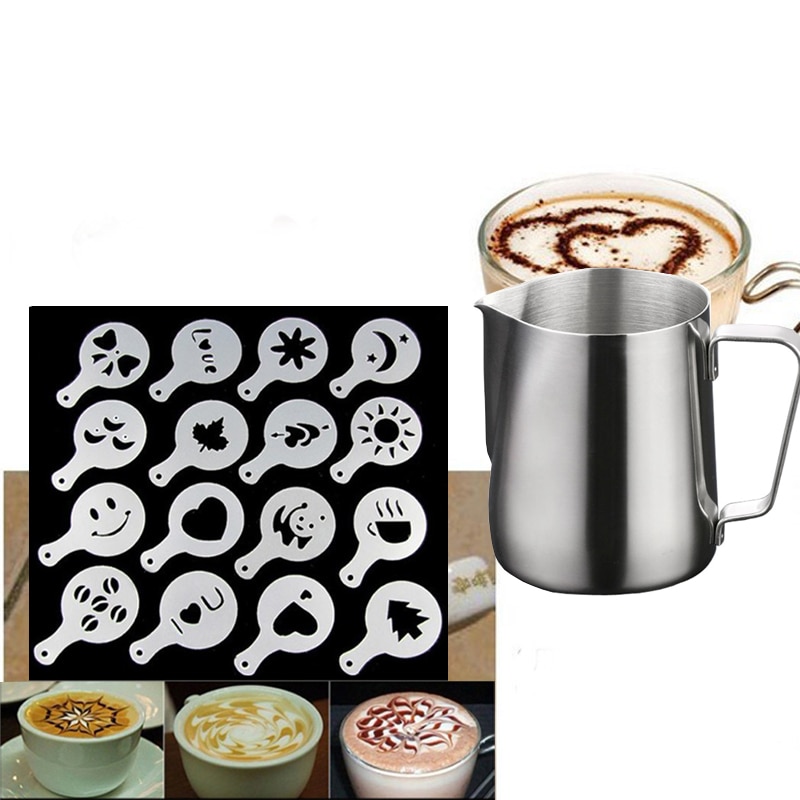 Roestvrij Staal Koffie Tool Opschuimen Werper Pull Bloem Cup 16 stks/set Cafe Foam Sjabloon Barista Stencils Decoratie Tool