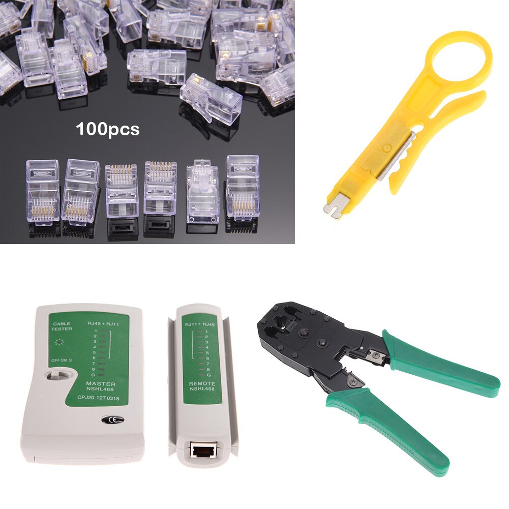 2019 3-em-1 kit de ferramentas de rede rj45 cabo crimper alicate ferramentas & 100 pces rj45 conector plugues modulares & testador de cabo de rede