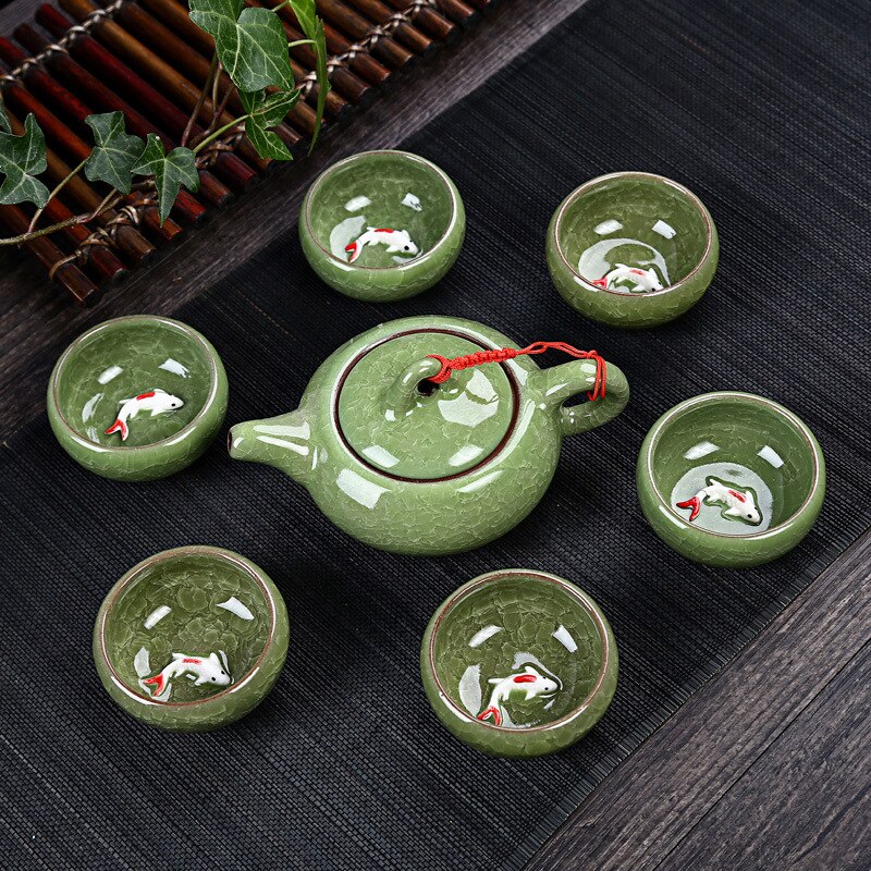 Celadon poisson service à thé bouilloire en céramique tasse à thé en céramique poisson chinois Kung Fu thé chinois personnes en céramique Kung Fu service à thé UD88: Vert clair