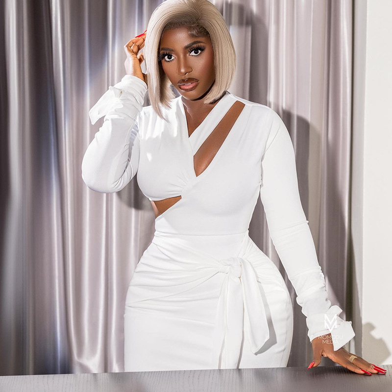Sort/hvid bodycon-kjoler til kvinder langærmet udhulet snørebånd rygløs bandage festkjole klub vestido branco