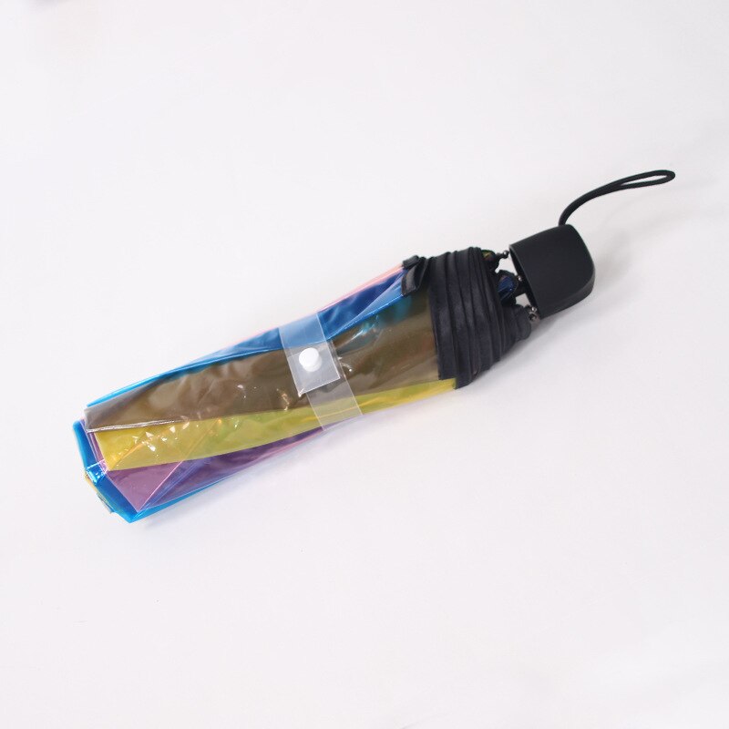 Transparent Plasstic Three Fold Women Rain Umbrella Automatic Rainbow Umbrellas For Girls Kids Outdoor Hiking Windproof Parosal: Black Non-automatic