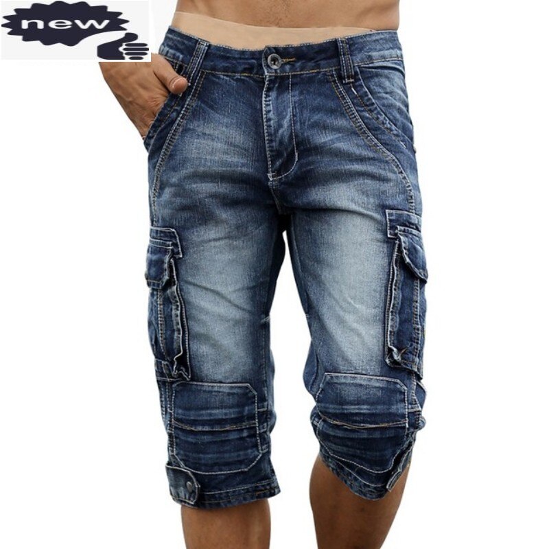 Sommer Vintage Herren Gerade Jeans Mehrere Taschen Fracht Kalb-Länge Denim Shorts Plus Größe Casual Jean Hosen