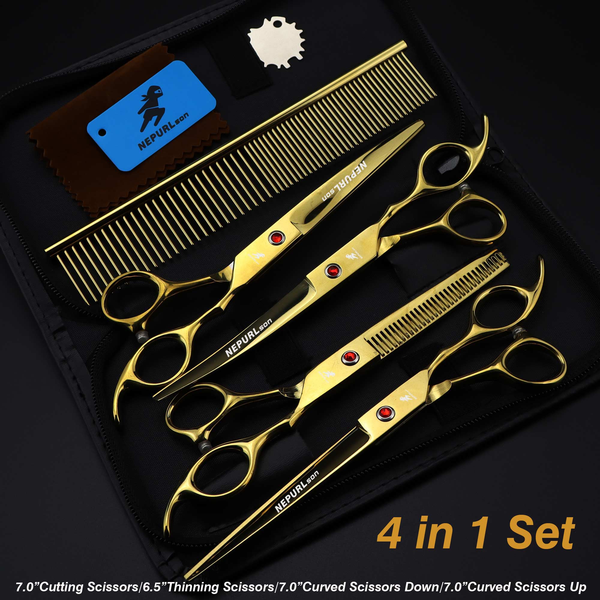 Japan 440C 7.0 inch gold 4 delige set Pet grooming schaar haarverzorging gereedschappen Geavanceerde duurzaam schaar: set 1