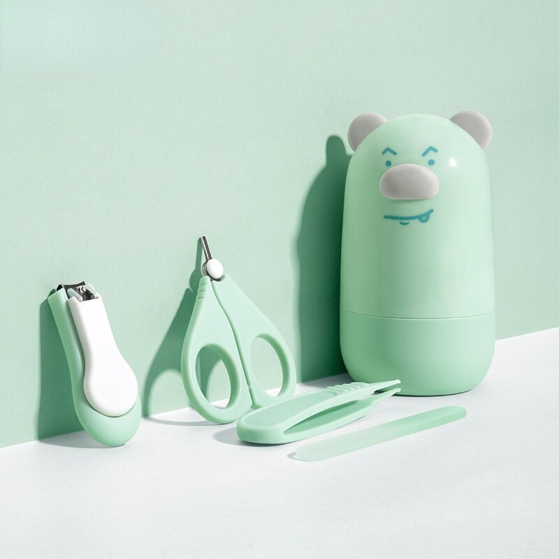 4 Stks/set Baby Nagelknipper Pak Speciale Anti-Knippen Vlees Clippers Voor Pasgeborenen Cartoon Opbergdoos Baby Items Essentials: Slowly bear - green