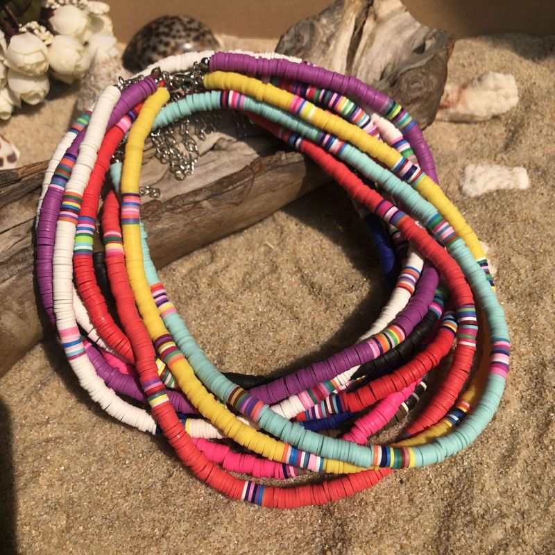 Gargantilla Bohemia con cuentas de barro colorido para playa, collar bohemio de arcilla polimérica de arco iris, joyería ajustable para mujeres y niñas