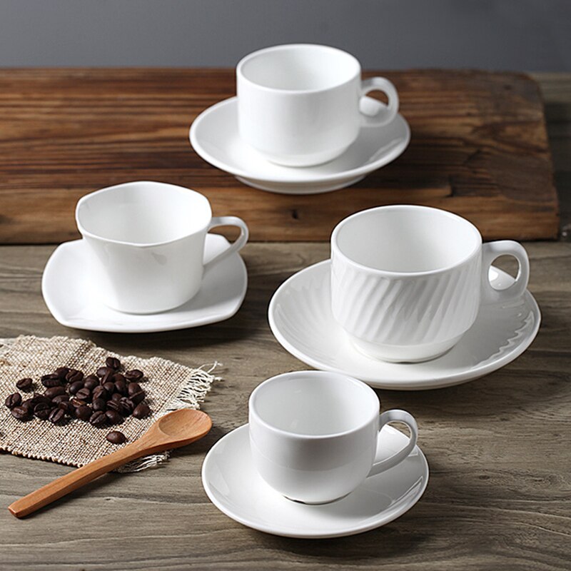 European Ceramic Minimalist Coffee Cup with Saucer Set White Porcelain Afternoon Teacup Latte Cappuccino Mug Drinkware