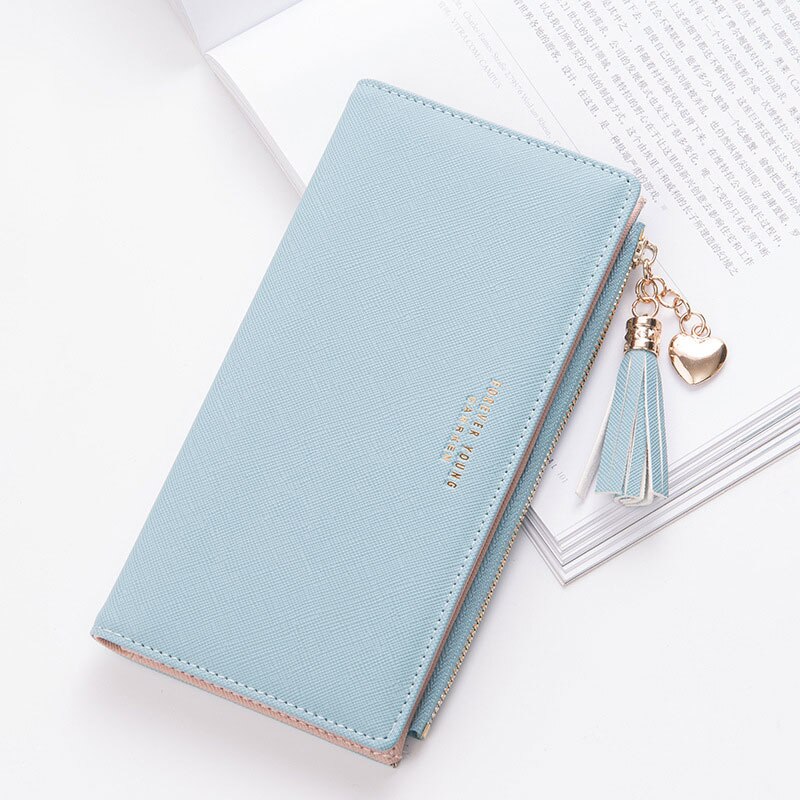 Couro longo carteira feminina marca de luxo famosa grande mulheres carteiras bolsas femininas longo moeda zíper bolsa titular do cartão crédito: Blue