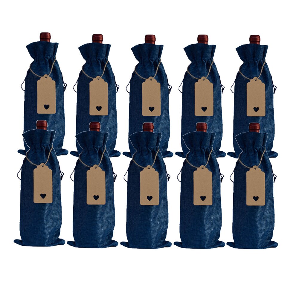 10 pcs/lot bouteille de vin couvre cordon sac avec étiquette coeur ensemble toile de jute pochettes en lin pour noël mariage décoration sac de rangement