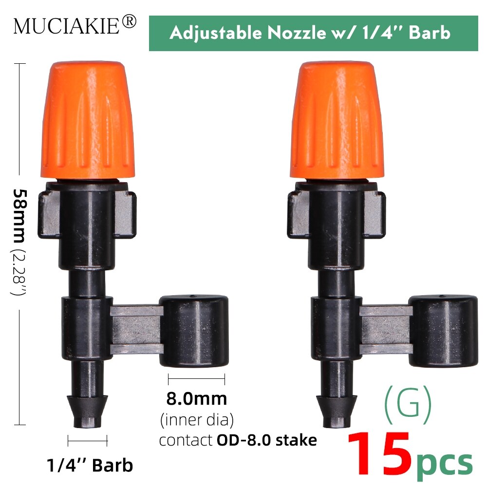 Orange Adjustable Garden Micro Drip Irrigation Misting Nozzles Sprinklers with w/ 1/4'' 3/8'' Hose Barbed Tee Threaded Connector: Gx15pcs