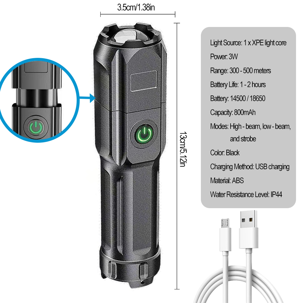 Teleskopisk zoomlommelygte genopladelig lommelygte 800 mah vandtæt over lange afstande til camping, fiskeri, håndklatring, led-lommelygte: Default Title