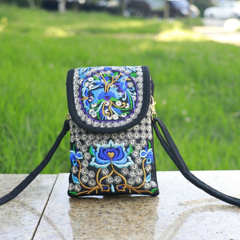 Damen-handytasche, umhängetasche, schultertasche, geldbörse, handtasche, beutel, ethno-stil, bestickte tasche, klapptasche aus Segeltuch, retro-stil