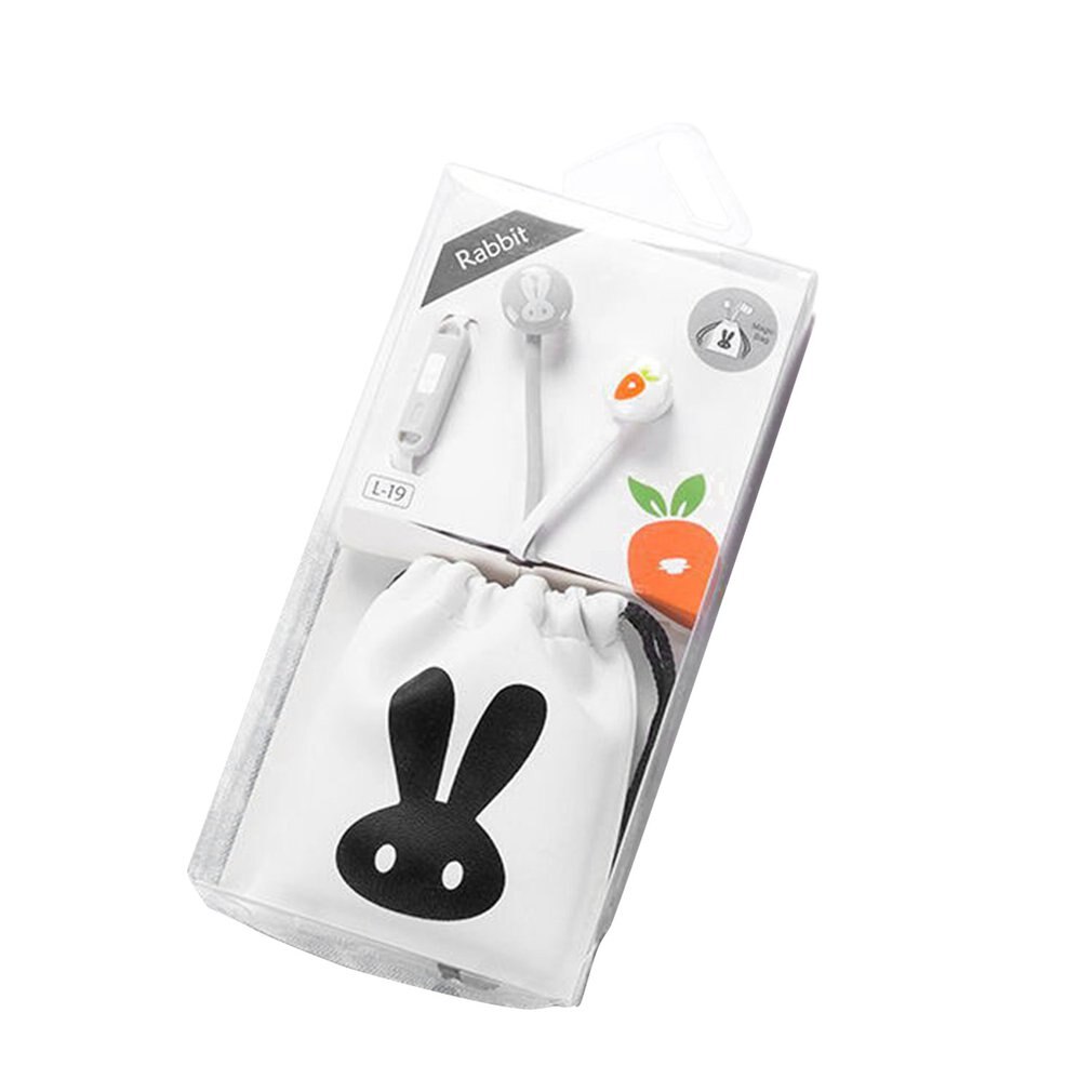 Korean Cartoon Rabbit In-Ear Headphones With Storage Bag Small Headset With Microphone For Apple And Android Systems: White