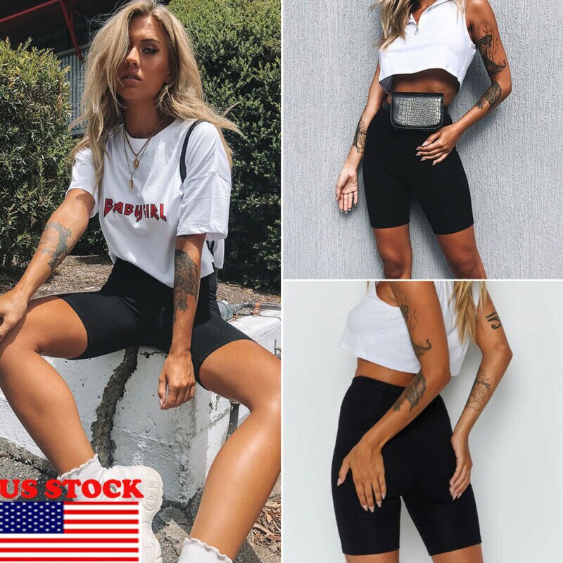 Ladies Outdoor exercise Plain Active Summer Cycling Shorts Stretch Basic Short Solid Black Soft wear Shorts for women female