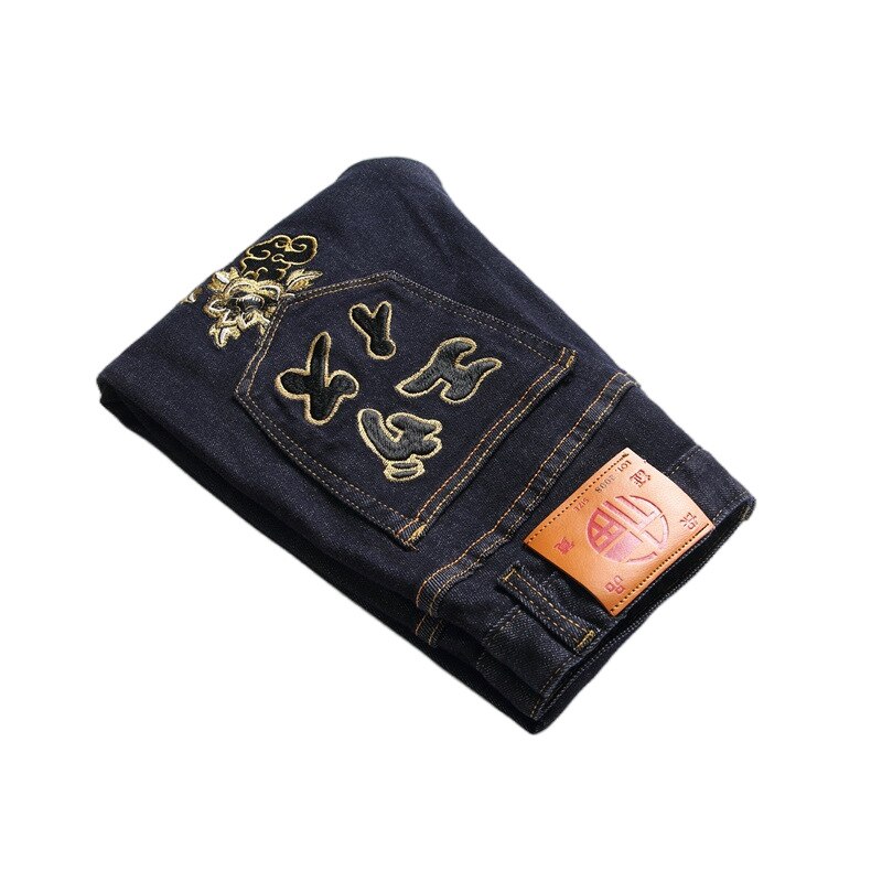 Pantalones vaqueros elásticos con bordado para hombre, vaqueros con bordado de letras y flores, color negro y azul