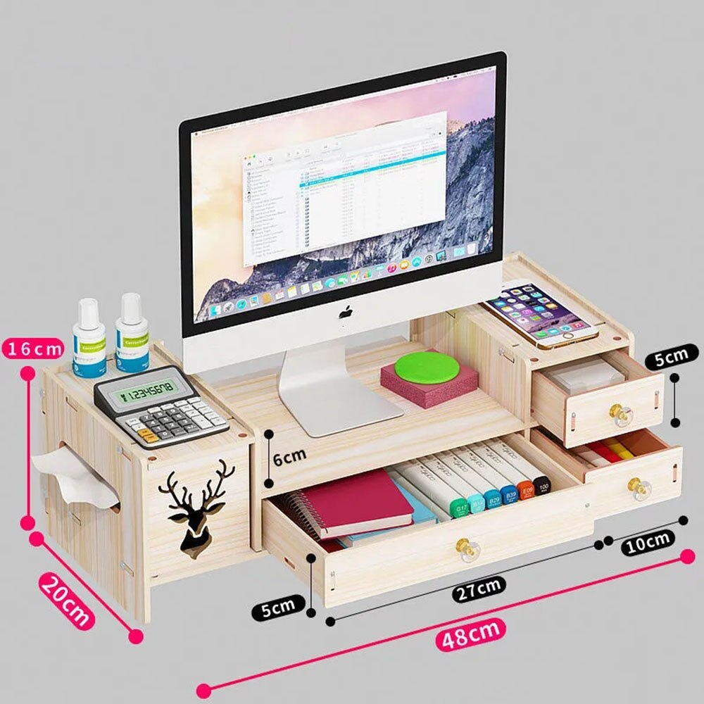 Desktop Computer Increased Rack Office Supplies With Drawer Storage Rack Box Notebook Adjustable Stand Computer Desk Organizer: E2