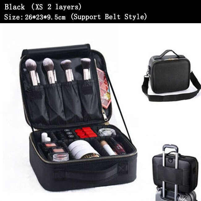 Kobiety PU skóra makijaż torba profesjonalny Manicure artysta torba na kosmetyki kobiece zestawy pełny Organizer na kosmetyki wózek Beauty Box: Black XS