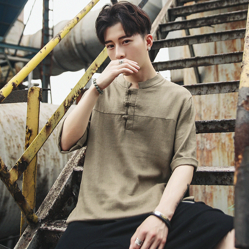 Sommer kortermet lin t-skjorte menn kinesisk stil knapp pluss størrelse løs bluse mannlig tradisjonell hanfu kung fu t-skjorter antrekk