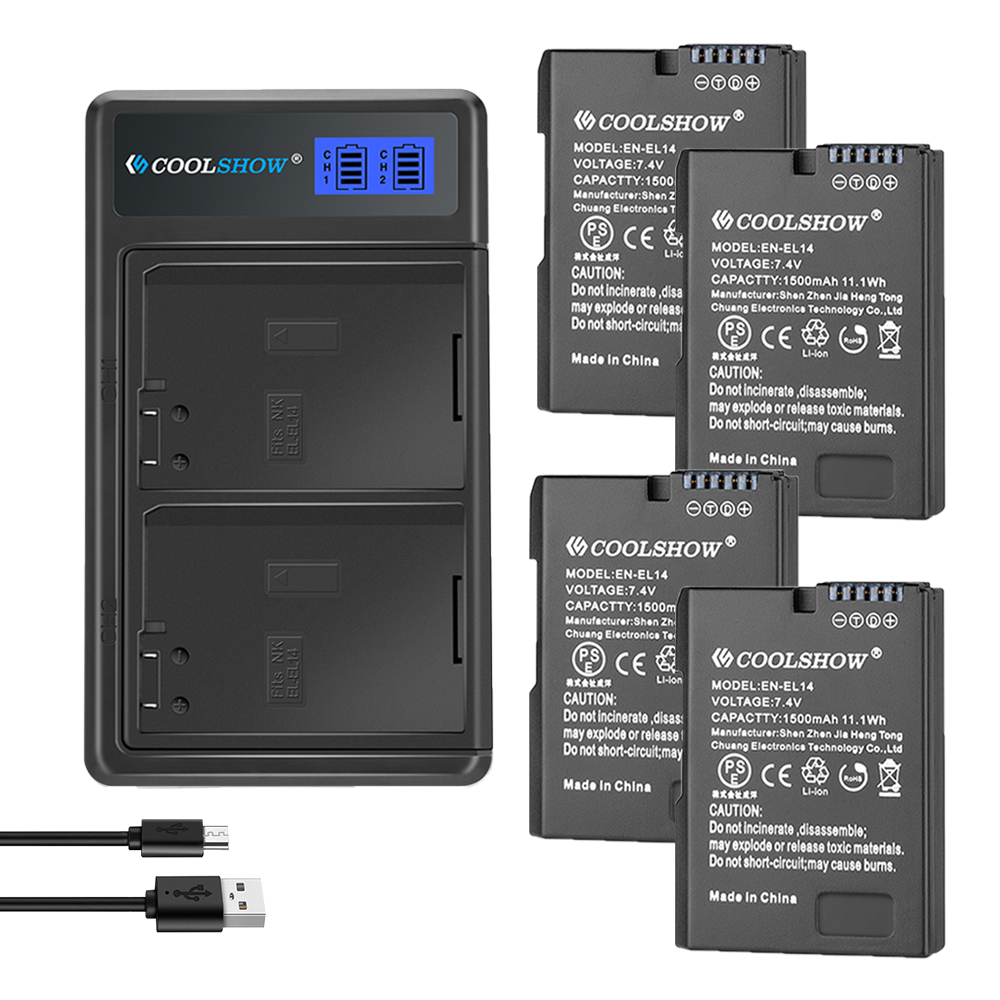 Enel 14 batteri 1500 mah til nikon  d3100 d3200 d3300 d3400 d3500 d5600 d5100 d5200 p7000 p7100 p7800 el14 batteri: 1 oplader 4 batteri