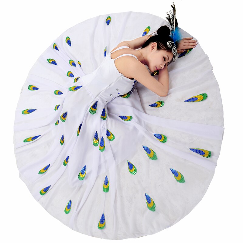 Minderheit Tanz Weiß Pfau Kostüm Kostüm Dai Kleid Felsen Dai tanzen Leistung Kleidung Pailletten Hosenträger Chiffon