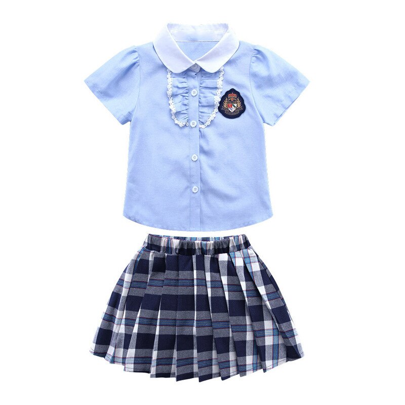90-130cm Japanese Korean Style Plaid Student Girls School Uniform 2PCs Tops Skirt/shorts Clothing Set Dance Performance