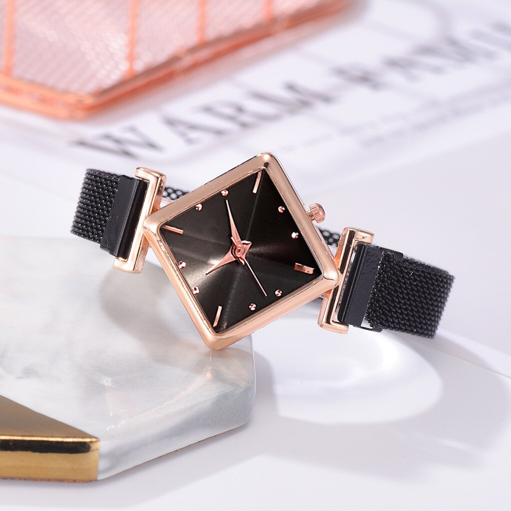 Dame ure sæt firkantet dame quartz ur armbånd sæt rød sort skive enkel rosa guld mesh luksus dame ure