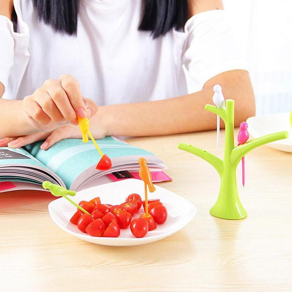 1 Stand+6 Forks Toothpick Fruit Tool Kitchen Gadget Birds Tree Birdie Fruit Fork Cartoon Tree Shape Party Fork Tableware Set