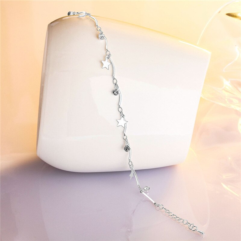 925 Sterling Silver Anklets For Women Jewelry Crystal Star Bracelets Girls Princess Accessories Foot Charm