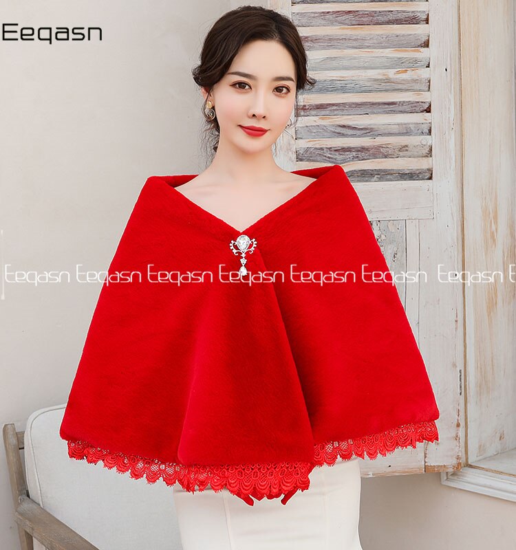 boléro mariage Wrap fausse fourrure étole Cape avec strass dentelle bord écharpe fourrure bordeaux hiver femmes manteau mariée châle
