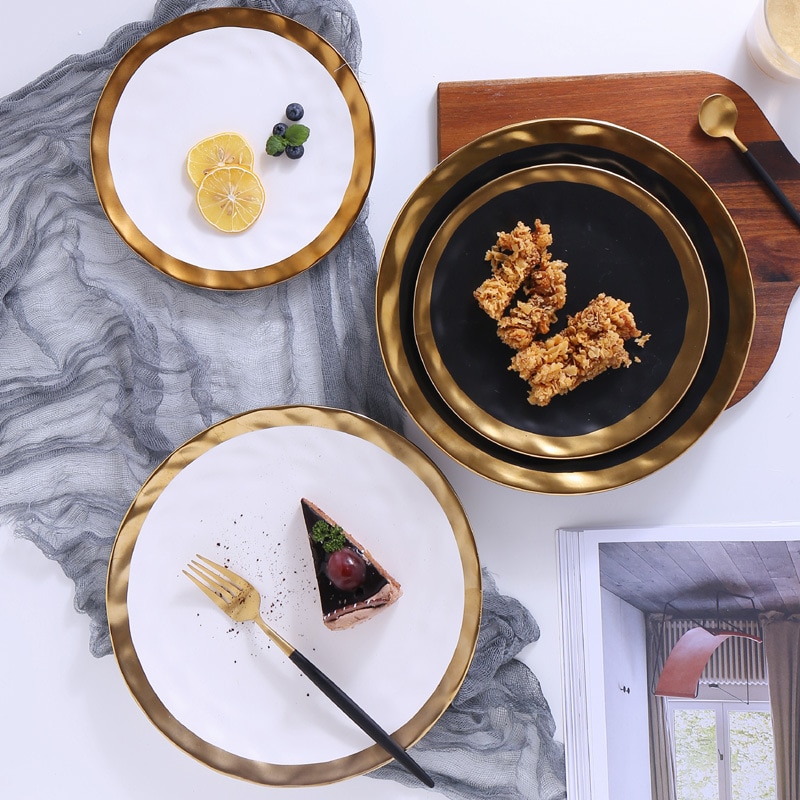 Gold inlay servies collectie keramische plaat en kom met gouden rand servies wit en zwart diner set