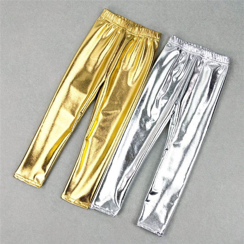 Flickor leggins glänsande guld silver skinny punkbyxor pojkar byxor vår sommar barn barn babykläder för 3-12 år