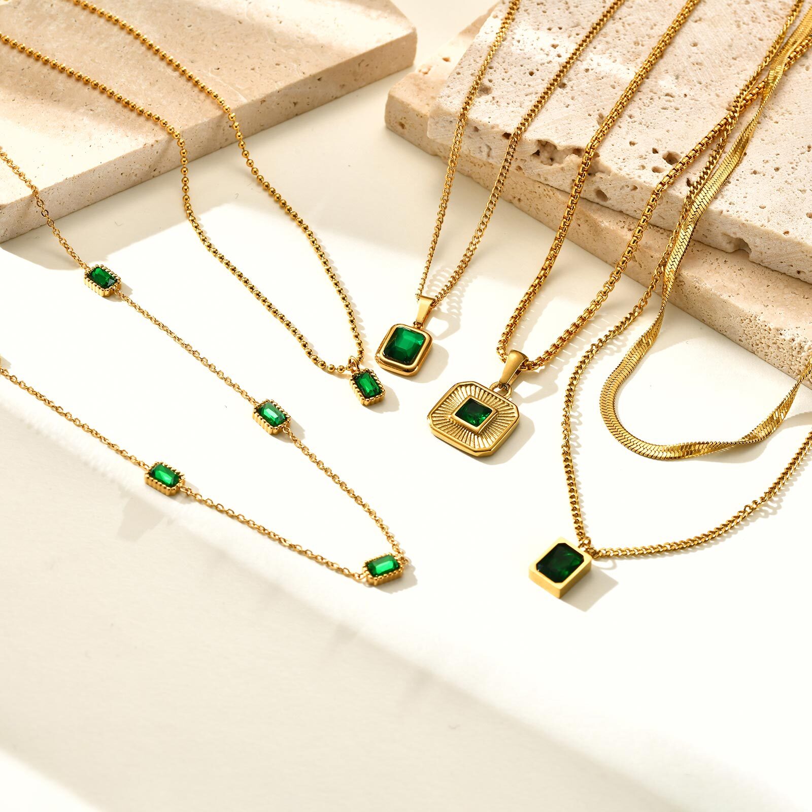 retro grüNe Zirkon Anhänger Halskette für Frauen, Kristallstein Kette Edelstahl vergoldet Luxus Geburtstagsgeschenke