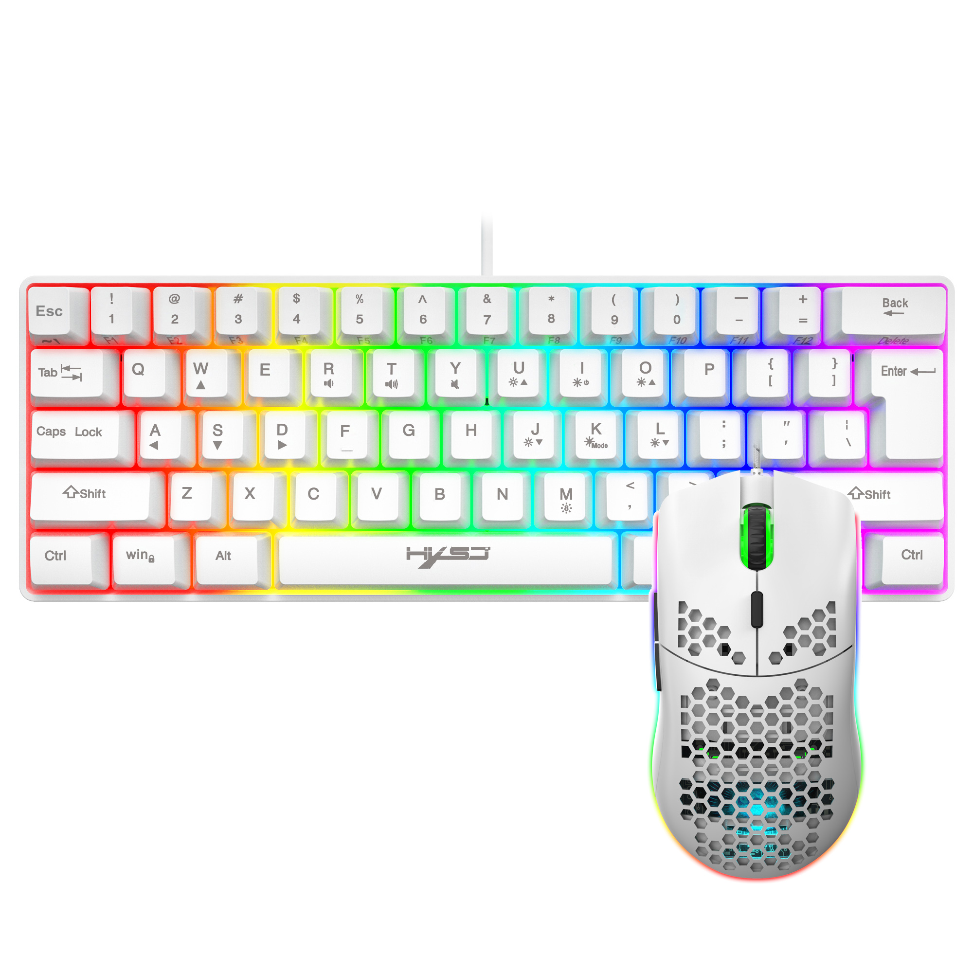 HXSJ 61-Tasten V700 RGB leuchtende mechanische Tastatur- und Mauskombinationen Gaming-Set für Computerspiele: WHITE
